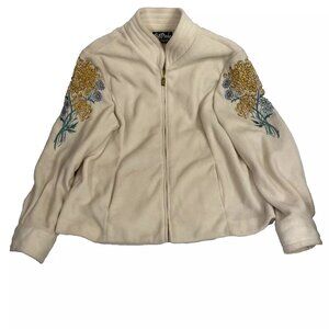 Bob Mackie Wearable Art Jacket Size L Embroidered Floral Full Zip Fleece Cream
